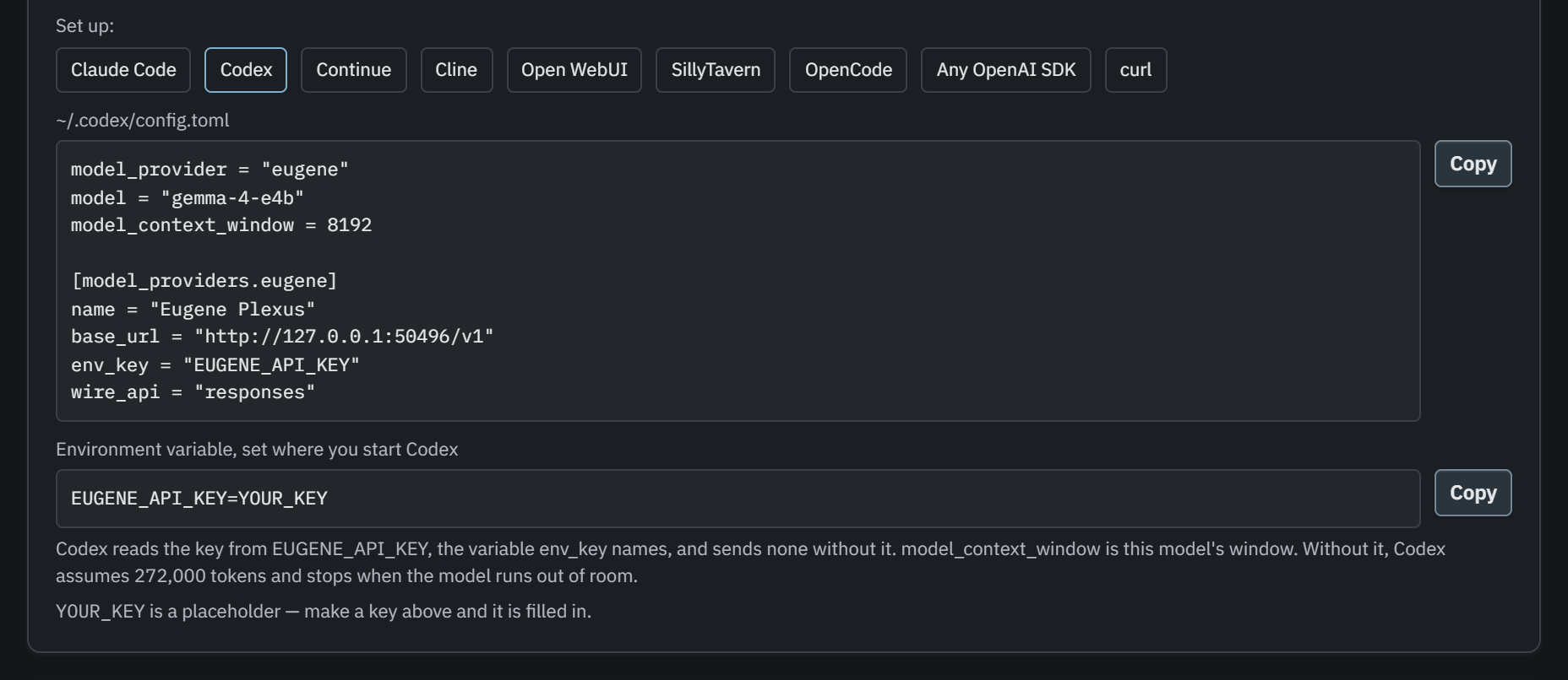 The setup buttons under Use it from your apps, with Codex chosen: the block for ~/.codex/config.toml, naming Eugene as the model provider with the model’s context window, and the EUGENE_API_KEY variable to set where Codex starts.