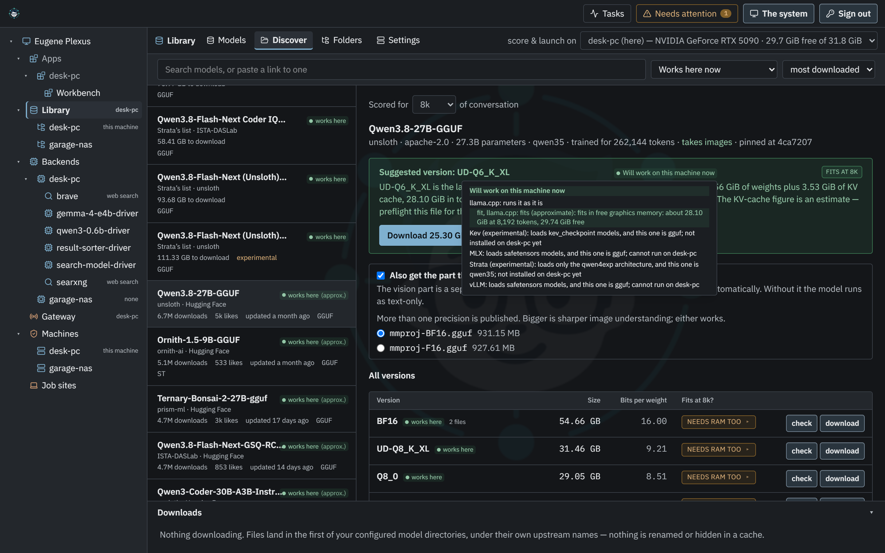 Discover filtered to Works here now. Each result is marked works here; an open model shows its suggested version, and a note lists each engine: llama.cpp runs it as it is and it fits in free graphics memory, while MLX, vLLM, Strata and Kev each say why they cannot.