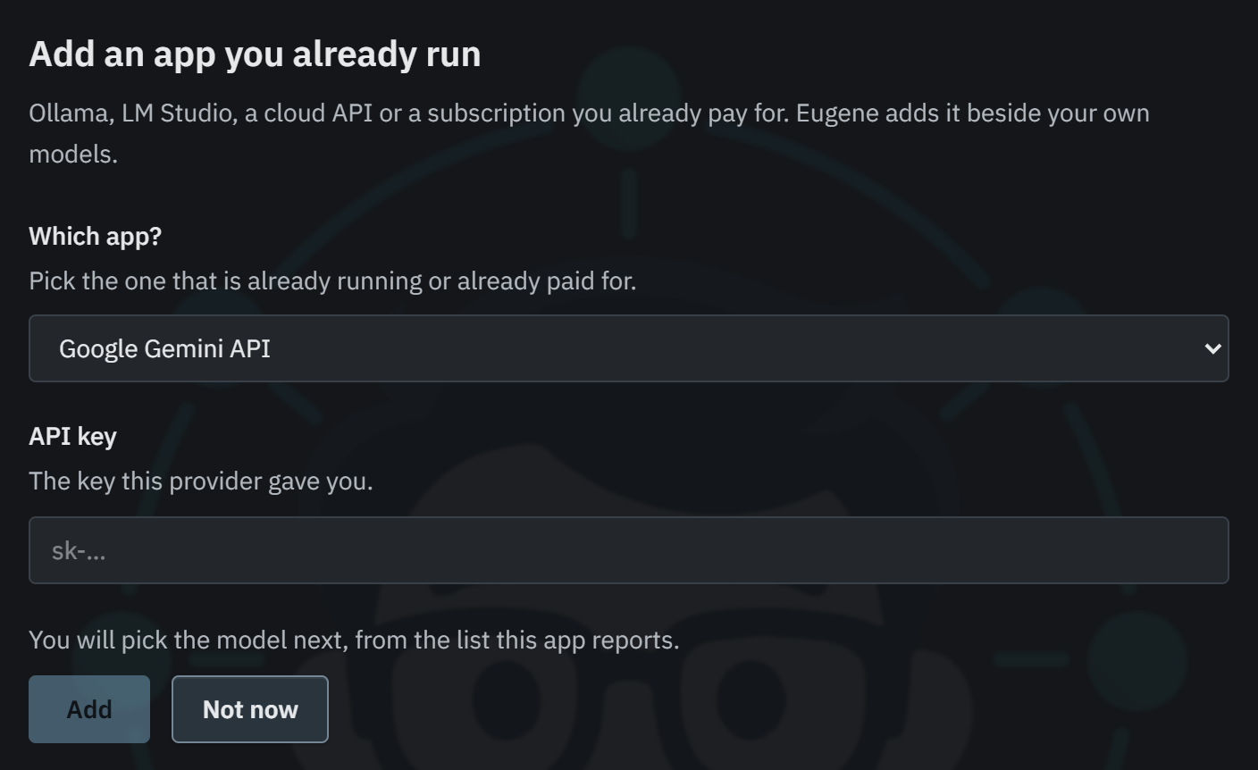 The Add an app you already run page with Google Gemini API chosen, an empty API key field, and Add and Not now buttons.