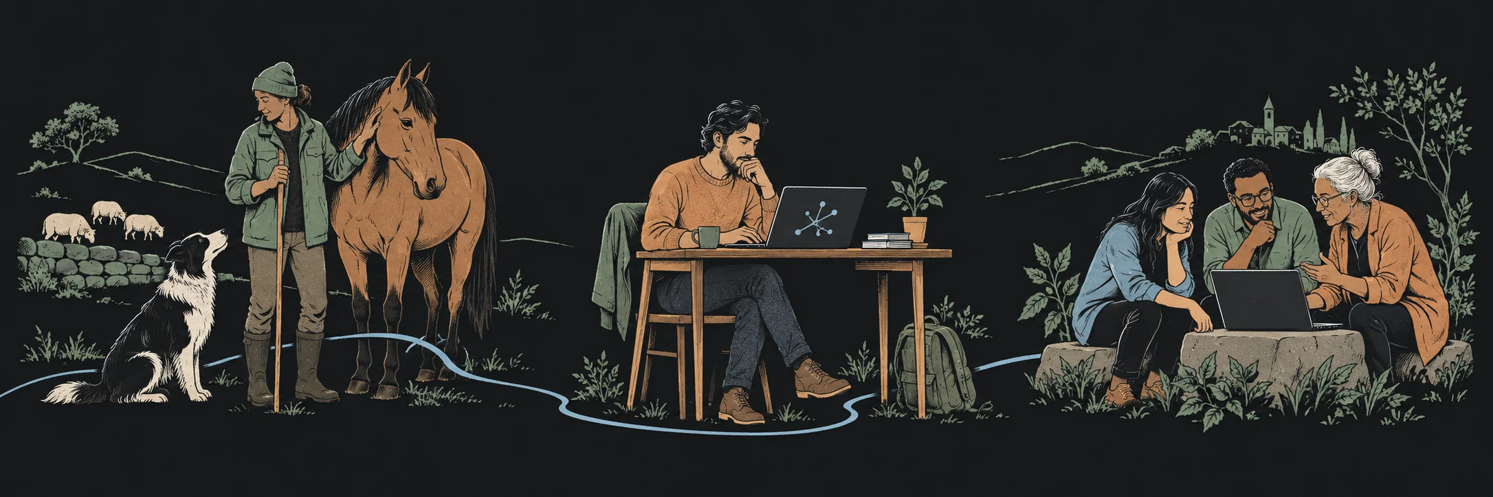 A shepherd with a working dog and horse, a person using their own computer, and three neighbors sharing a laptop, connected by a winding blue line.