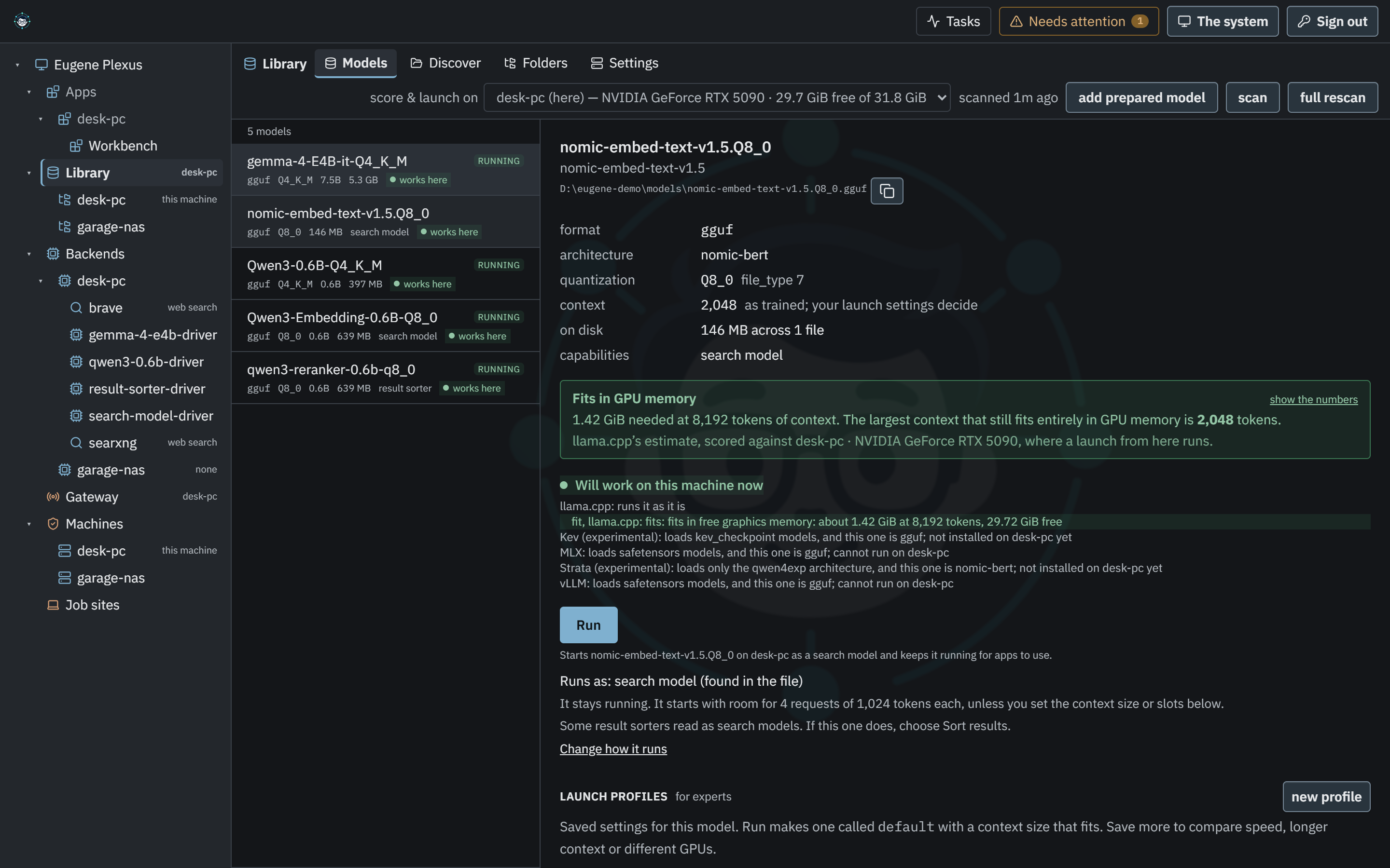 A search model’s page in the Library. Beside the Run button it says Runs as: search model (found in the file), with a link to change how it runs; the model list shows a search model and a result sorter running.