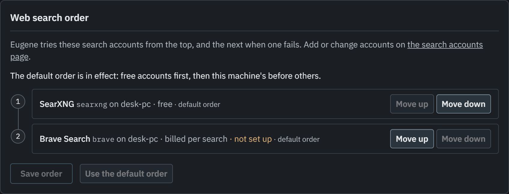 The Web search order section of the Routing page: a numbered list with a SearXNG account first and a Brave Search account second, each with Move up and Move down, and Save order and Use the default order buttons.