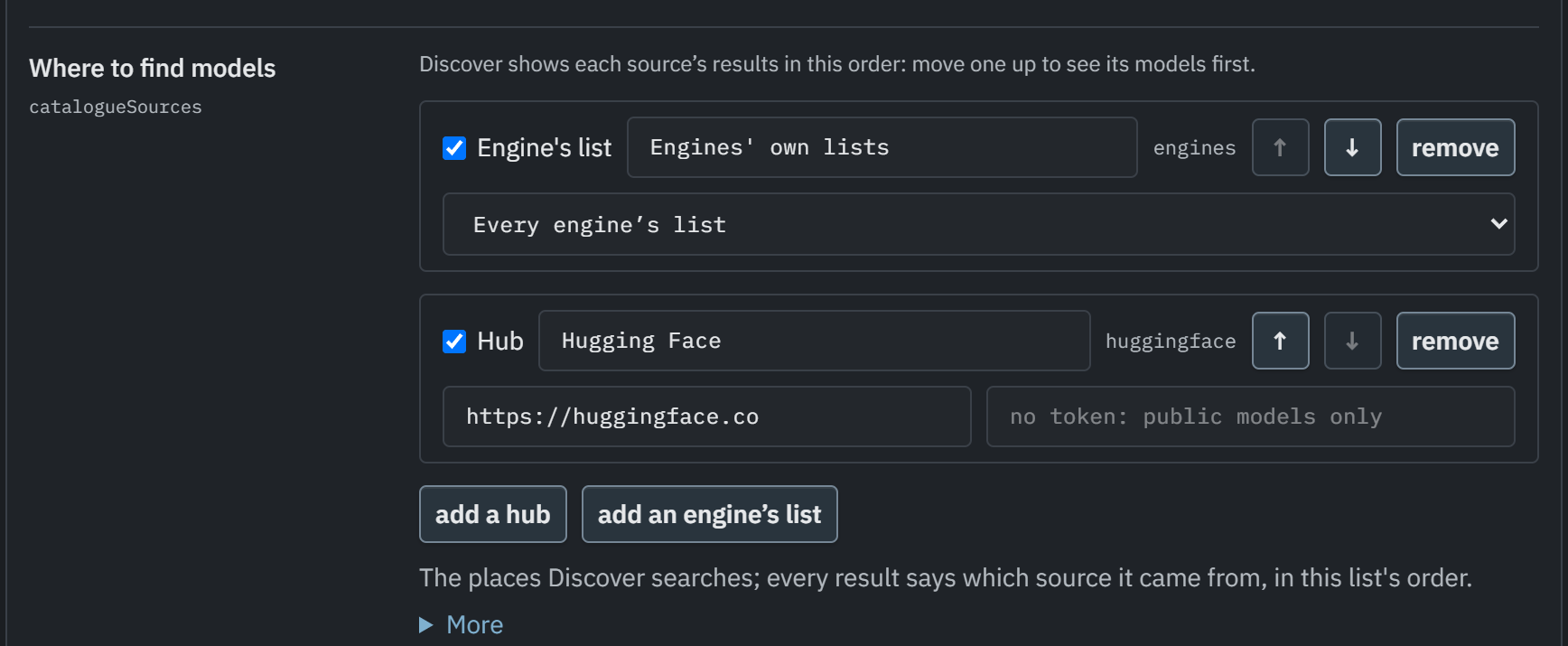 The Where to find models setting: an ordered list with the engines’ own lists first and the Hugging Face hub second, its address and an empty token field, with arrows to reorder and buttons to add a hub or an engine’s list.