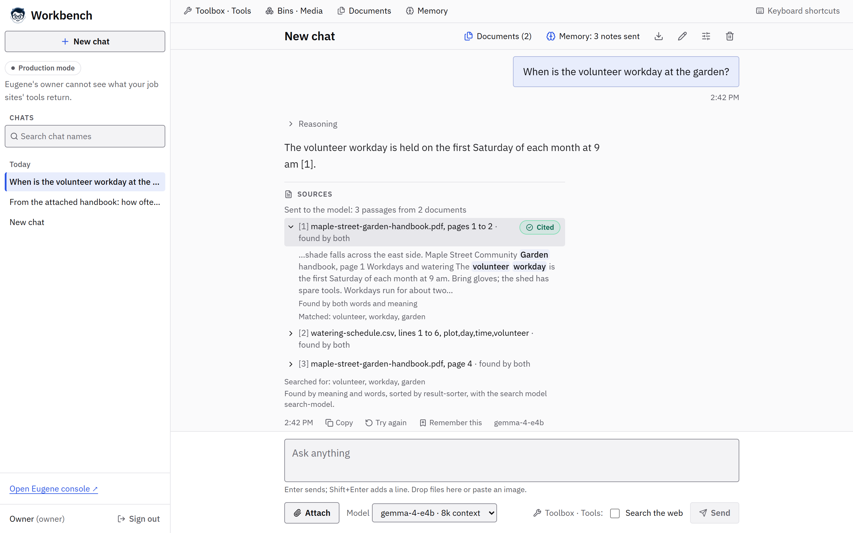 A Workbench answer from saved documents: the volunteer workday is the first Saturday of each month at 9 am, citing source 1. Sources lists three passages from two documents by file and pages, with the cited passage open and its matching words marked.