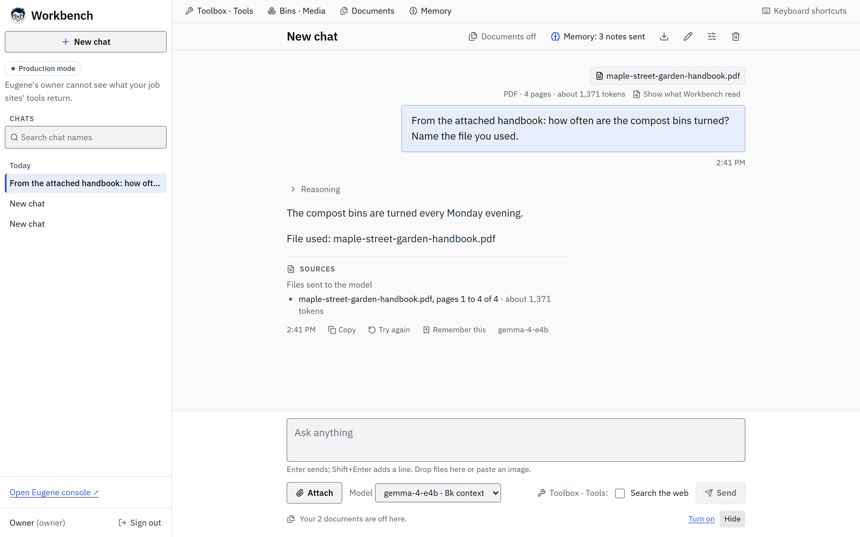 A Workbench chat with a four-page PDF attached and the question how often the compost bins are turned. The answer, Every Monday evening, names the file, and Sources lists the pages sent to the model and their size in tokens.
