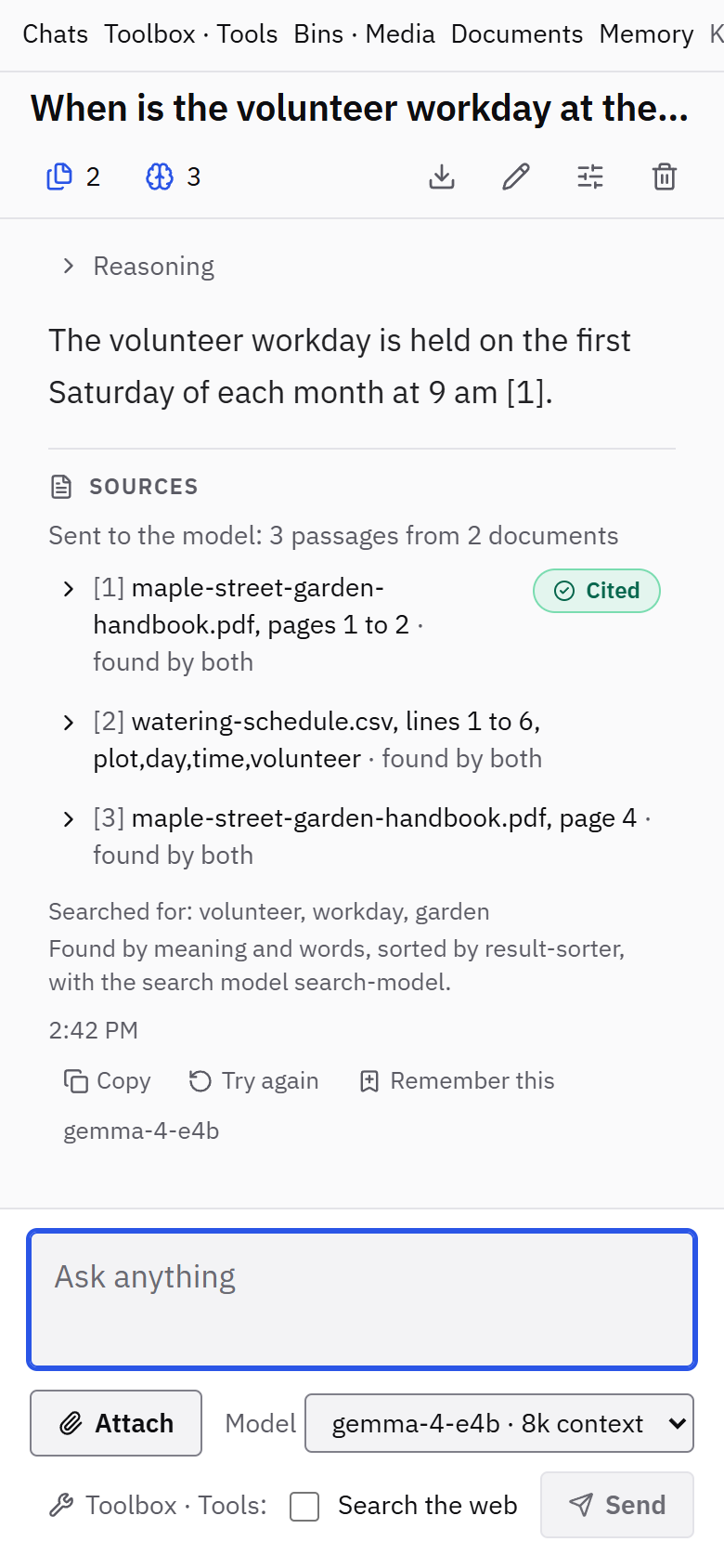 Workbench on a phone-width screen: the answer about the volunteer workday, its three sources with the first marked Cited, and the message box with Attach, the model picker and Send.