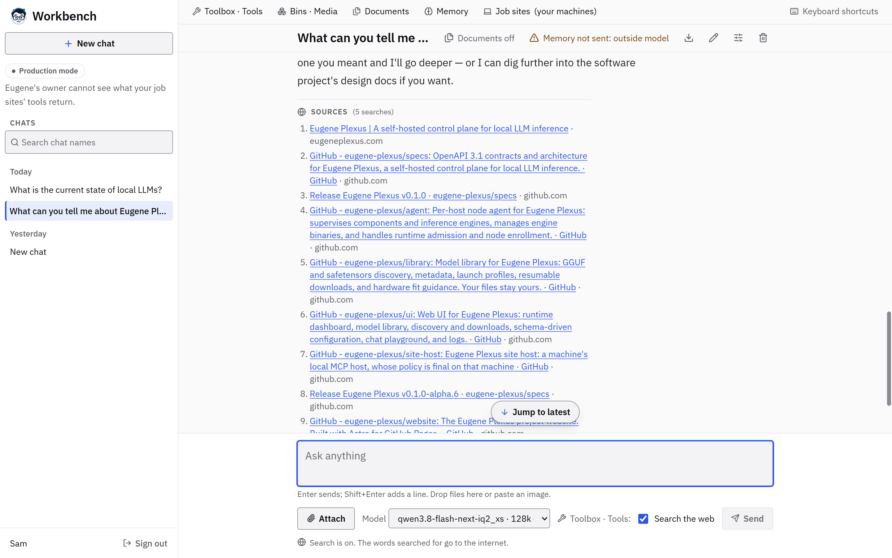 A Workbench chat in the light theme. A local Qwen3.8 model answered a question about Eugene Plexus with web search on; under the answer, Sources (5 searches) lists eugeneplexus.com and the project's GitHub pages, each with its site. Search the web is ticked beside the message box.
